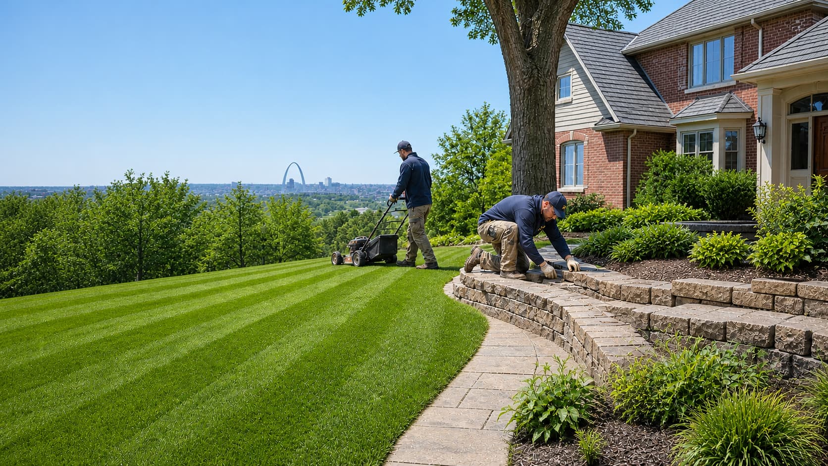 A lawn crew mowing striped grass and building a stone edge in bright daylight on a completely signless St. Louis property, with the Gateway Arch in the distance