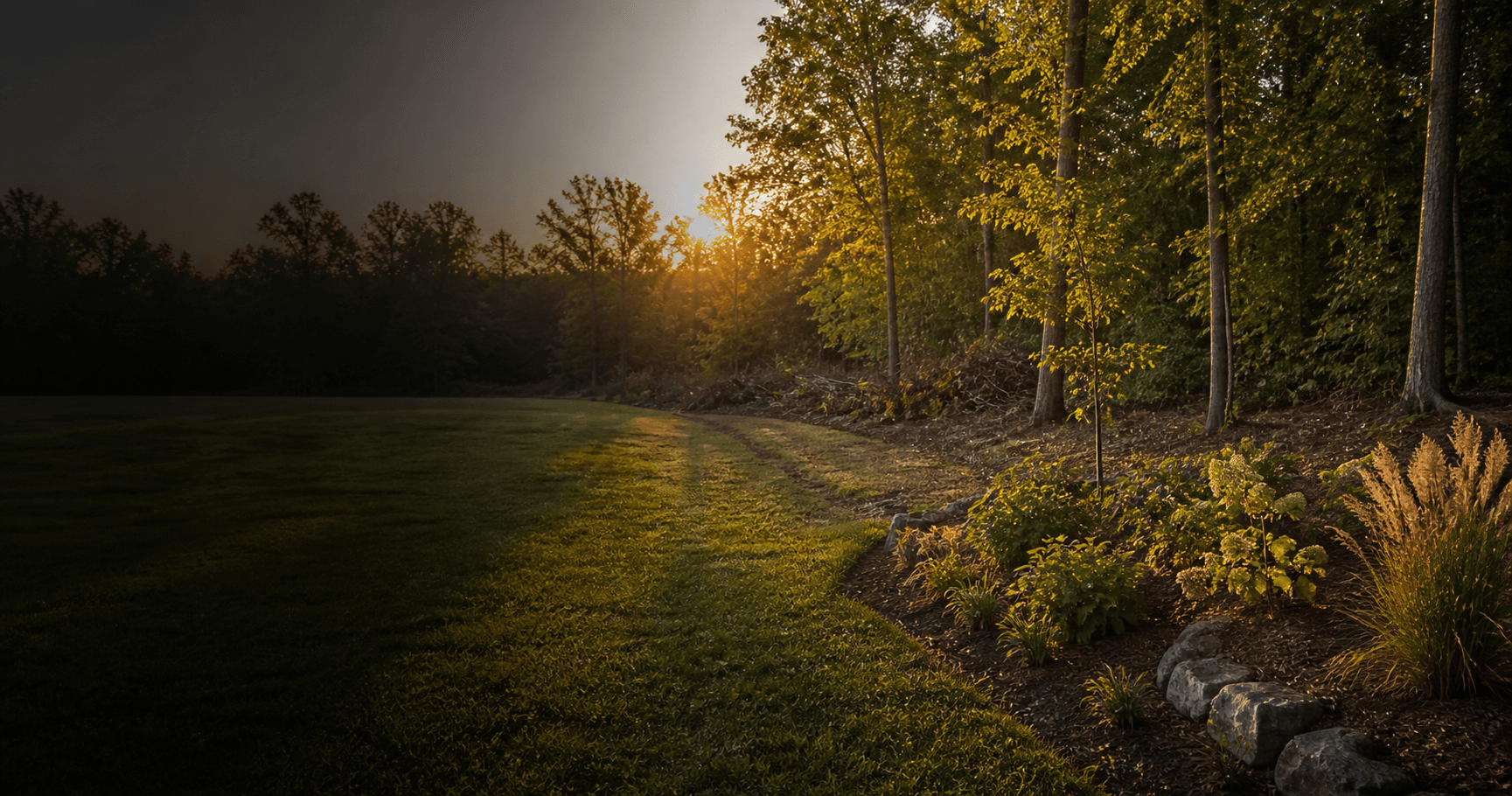 A cared-for Greater St. Louis property with lawn, soil, mulch, and a wooded edge